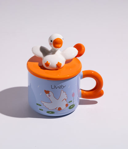 كوب سيراميك بتصميم مجسم بطوط على الغطاء مع ملعقة