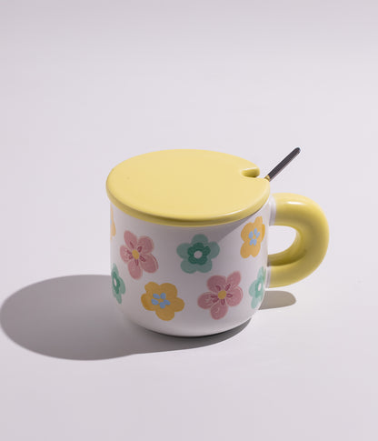 كوب سيراميك بتصميم ورود ملونة مع غطاء وملعقة