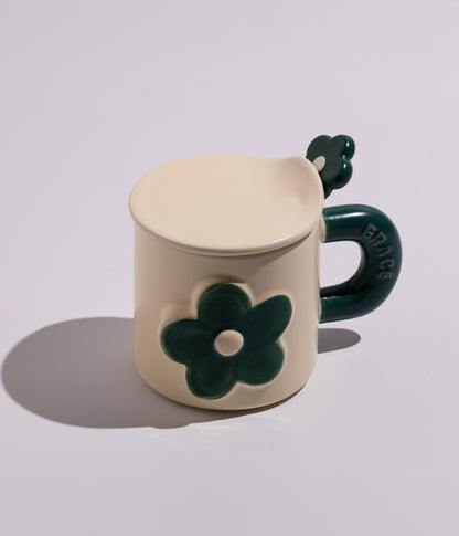 كوب سيراميك بتصميم وردة ملونة مع غطاء وملعقة
