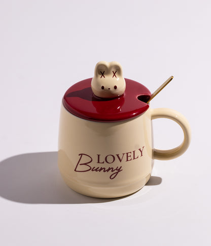 كوب سيراميك بتصميم مجسم أرنب على الغطاء مع ملعقة