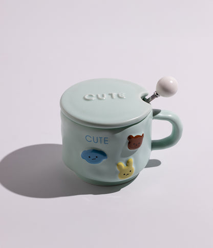 كوب سيراميك بتصميم وجوه حيوانات لطيفة مع غطاء وملعقة