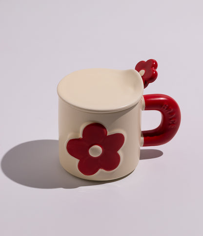 كوب سيراميك بتصميم وردة ملونة مع غطاء وملعقة