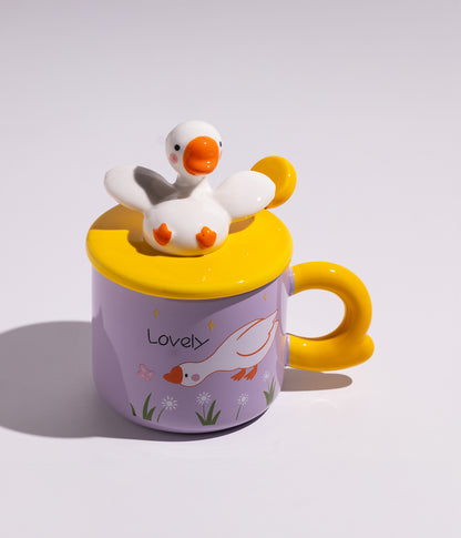 كوب سيراميك بتصميم مجسم بطوط على الغطاء مع ملعقة