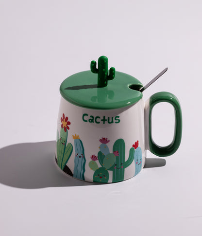 كوب سيراميك بتصميم صبارات لطيفة مع غطاء وملعقة