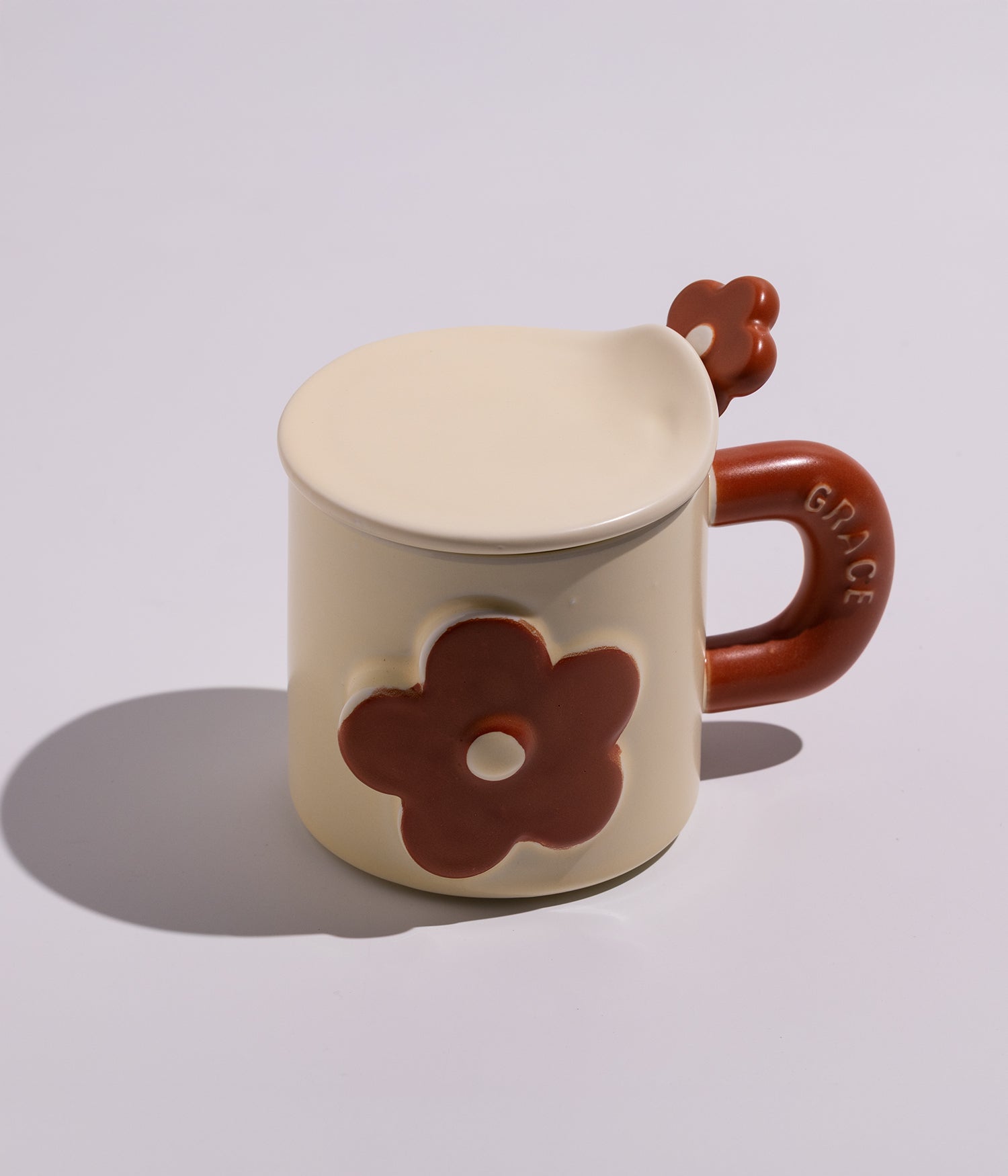 كوب سيراميك بتصميم وردة ملونة مع غطاء وملعقة