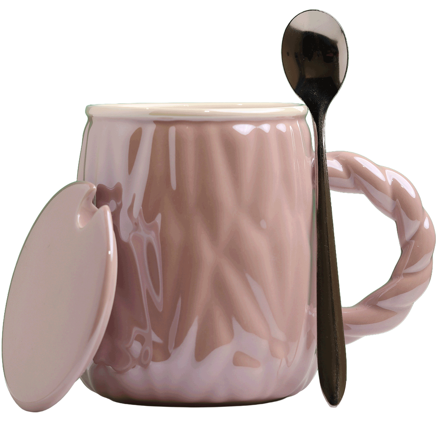 Pink ceramic mug with waves design, lid and spoon