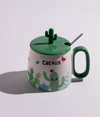 كوب سيراميك بتصميم صبارات لطيفة مع غطاء وملعقة