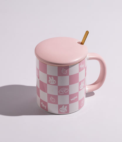 كوب قهوة سيراميك بتصميم مربعات مع غطاء وملعقة