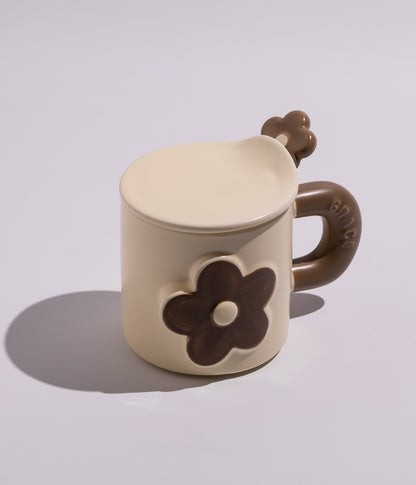 كوب سيراميك بتصميم وردة ملونة مع غطاء وملعقة