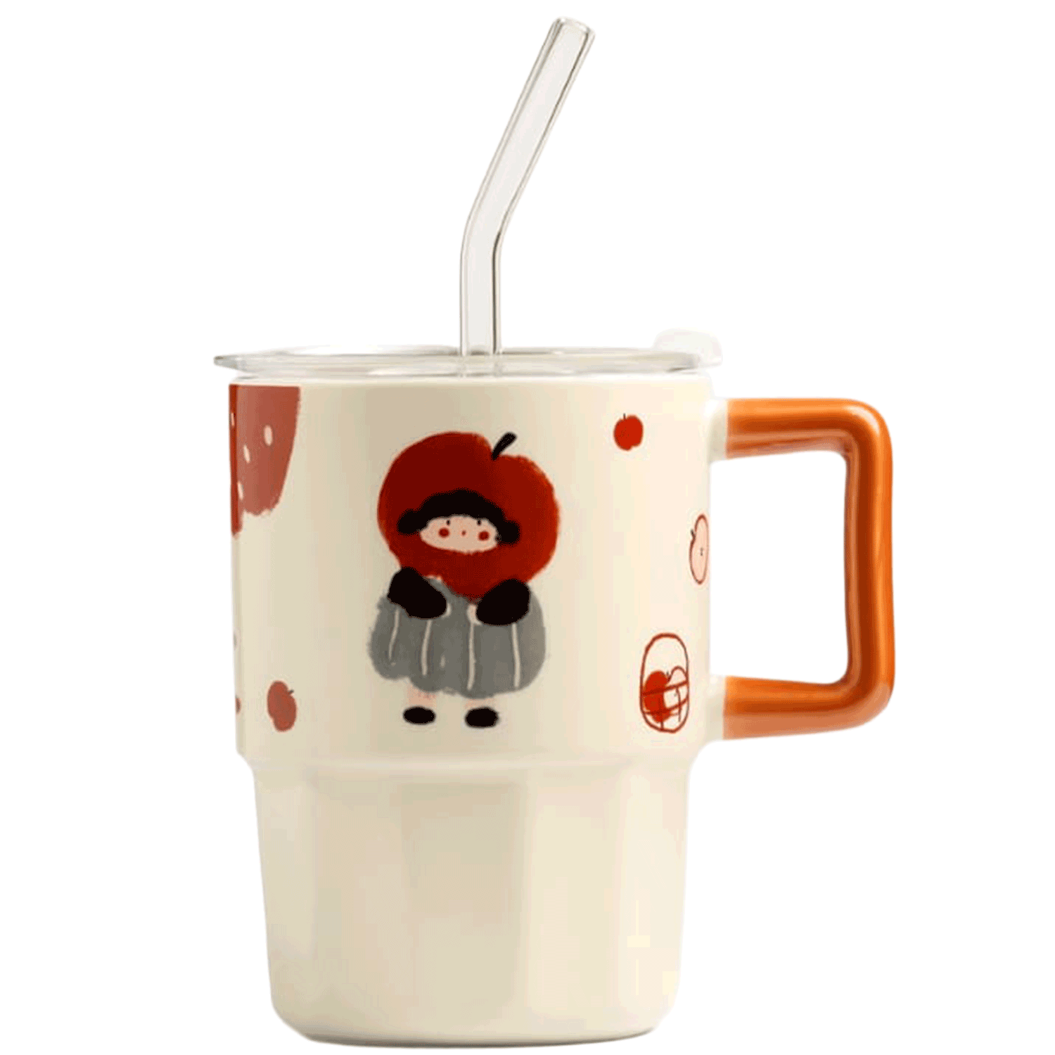 Apple Girl Design Ceramic Mug with Lid and Straw