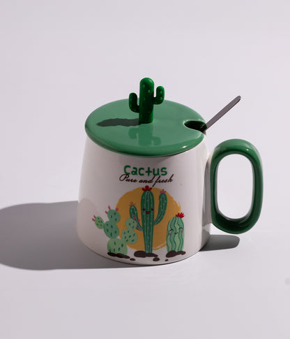 كوب سيراميك بتصميم صبارات لطيفة مع غطاء وملعقة