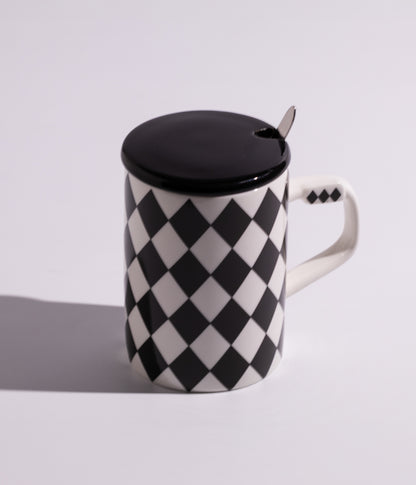 كوب سيراميك بتصميم خطوط ونقاط هندسية مع ملعقة وغطاء لحفظ الحرارة