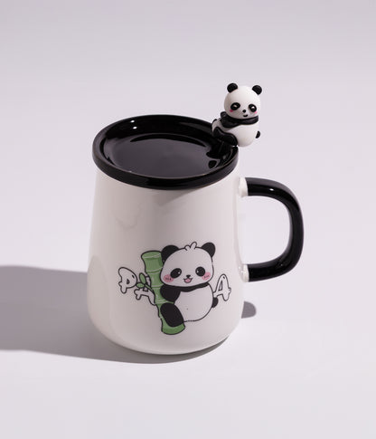 كوب سيراميك برسوم باندا المرح مع غطاء وملعقة