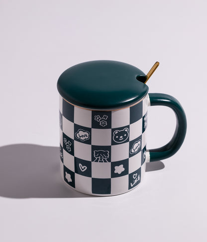 كوب قهوة سيراميك بتصميم مربعات مع غطاء وملعقة
