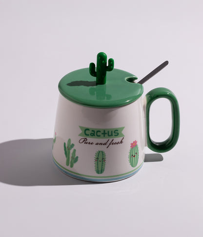 كوب سيراميك بتصميم صبارات لطيفة مع غطاء وملعقة