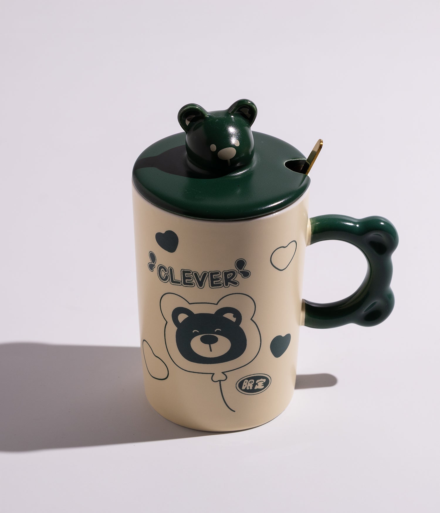 كوب سيراميك بتصميم وجوه دببة مع غطاء وملعقة