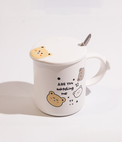 كوب قهوة سيراميك ابيض برسمة وجه الدب مع ملعقة وغطاء