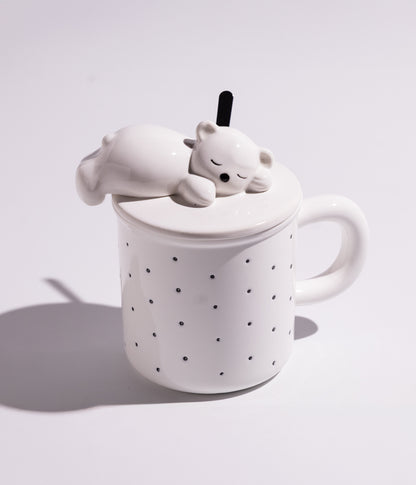 كوب سيراميك منقط بمجسم دب على الغطاء مع ملعقة