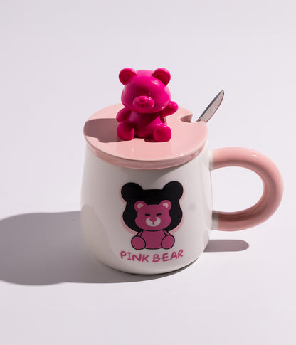 كوب سيراميك بتصميم مجسم الدب على الغطاء مع ملعقة