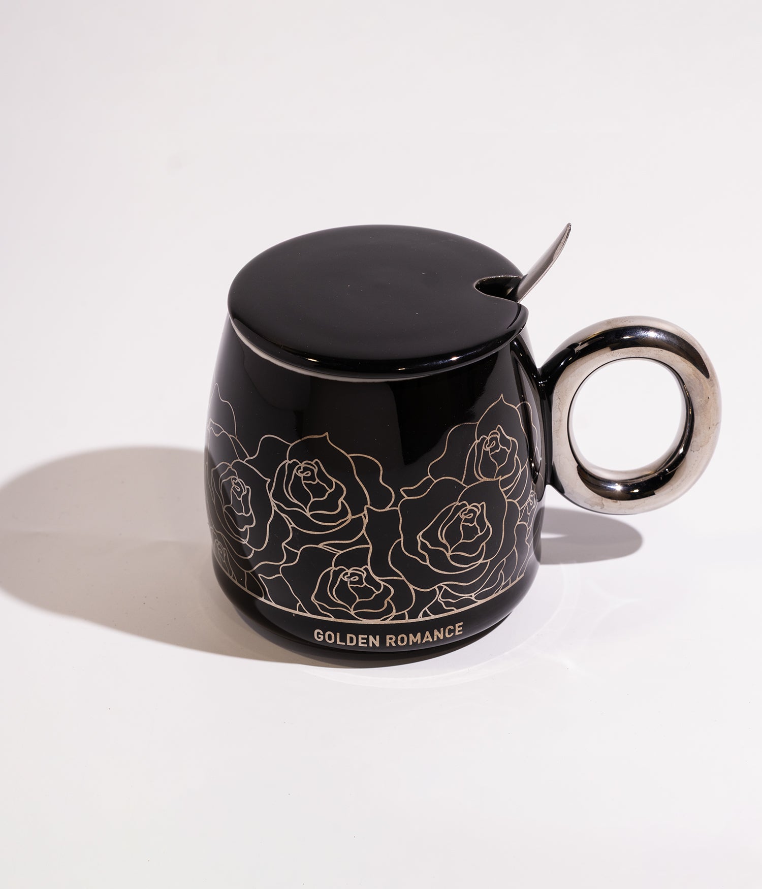 كوب سيراميك بتصميم خطوط على شكل زهور مع غطاء وملعقة