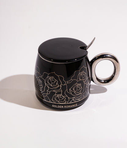 كوب سيراميك بتصميم خطوط على شكل زهور مع غطاء وملعقة