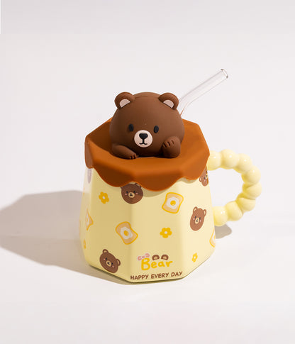 كوب سيراميك بتصميم حيوانات مرحة مع غطاء ومزاز