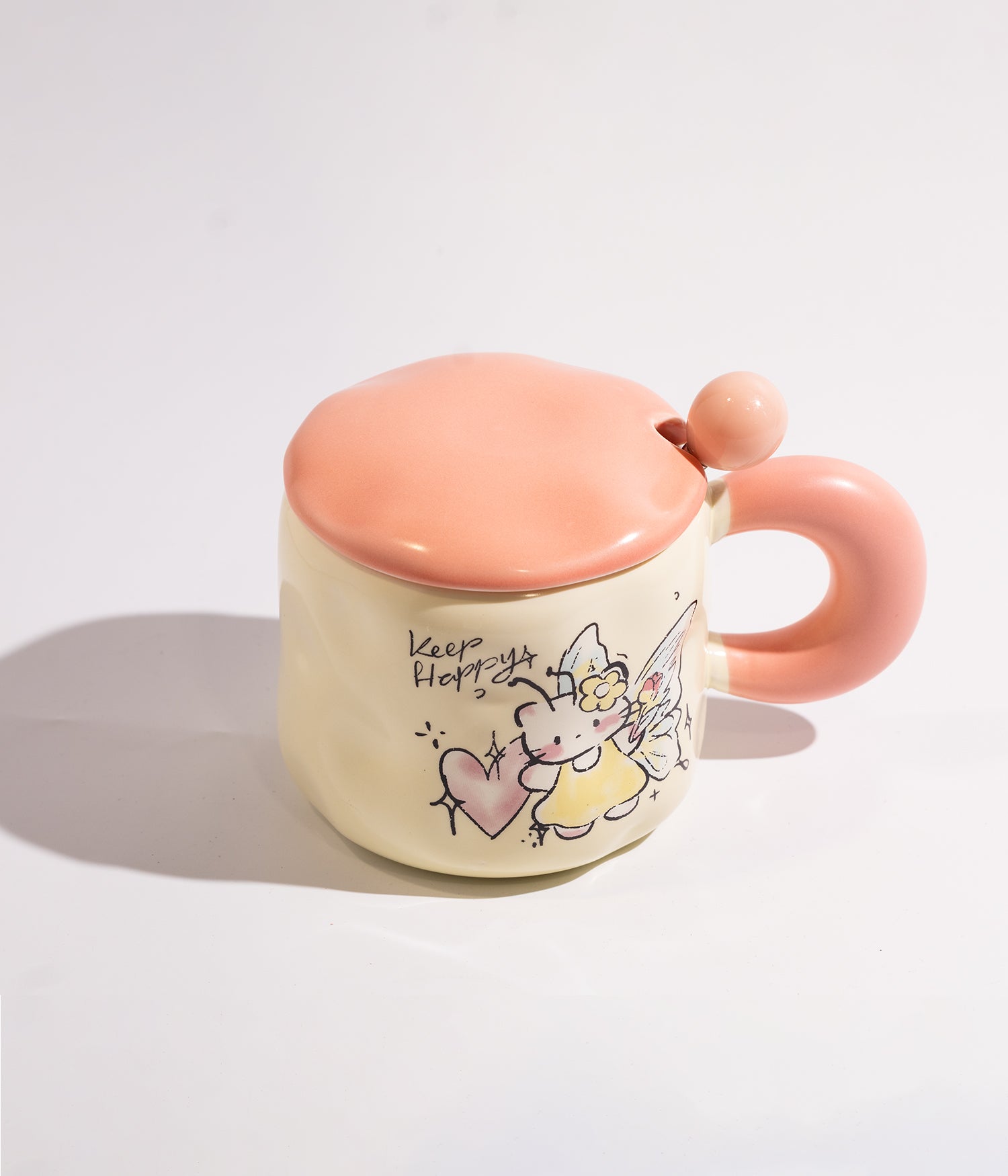 كوب سيراميك بتصميم فتاة الفراشة وملعقة وغطاء لحفظ الحرارة