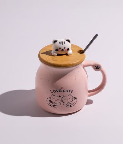 كوب سيراميك بتصميم قطط ملونة مع غطاء وملعقة