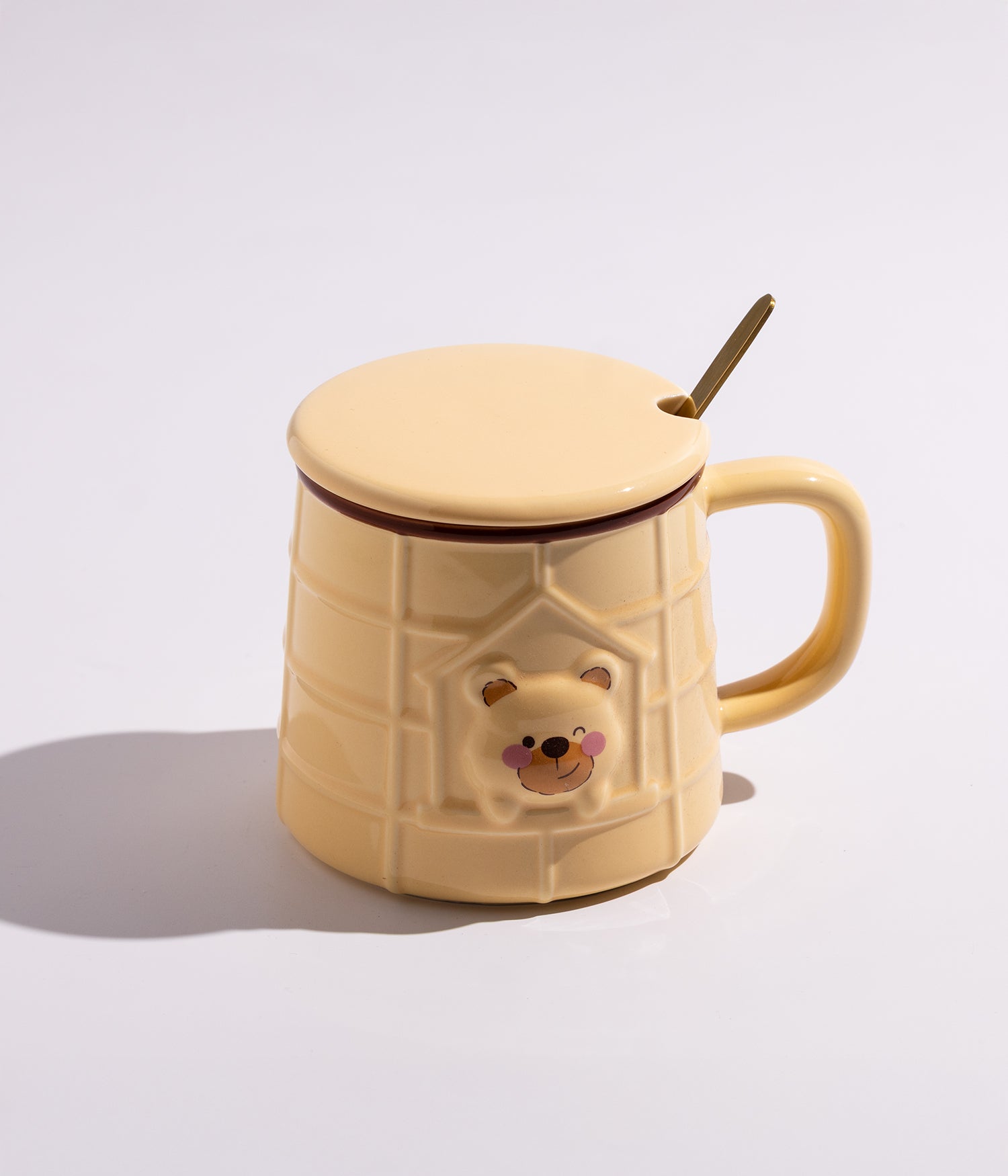كوب سيراميك بتصميم دب سعيد مع غطاء وملعقة