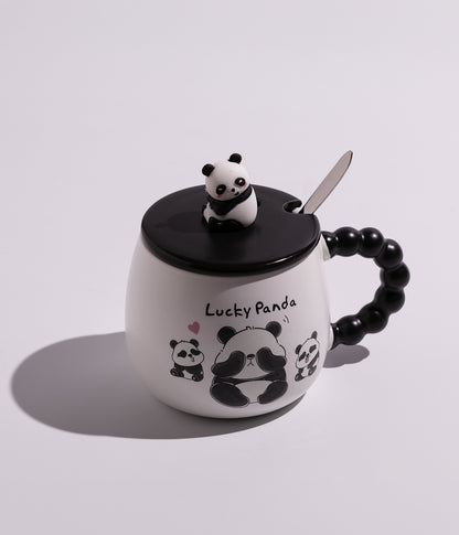 كوب سيراميك بتصميم باندا مع غطاء أسود وملعقة