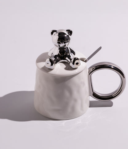 كوب سيراميك بمجسم دب ميتاليك على الغطاء مع ملعقة