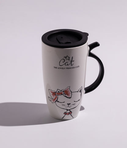 كوب سيراميك برسومات قطط وغطاء أسود لحفظ المشروبات