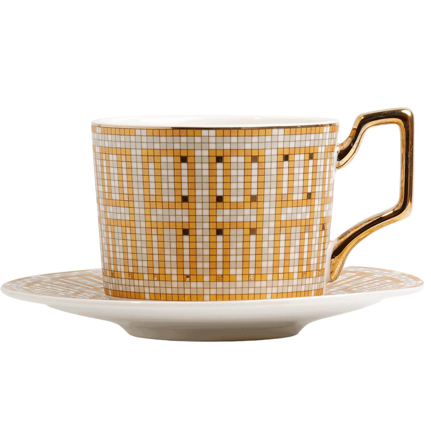 Ceramic coffee cup with golden mosaic pattern and saucer