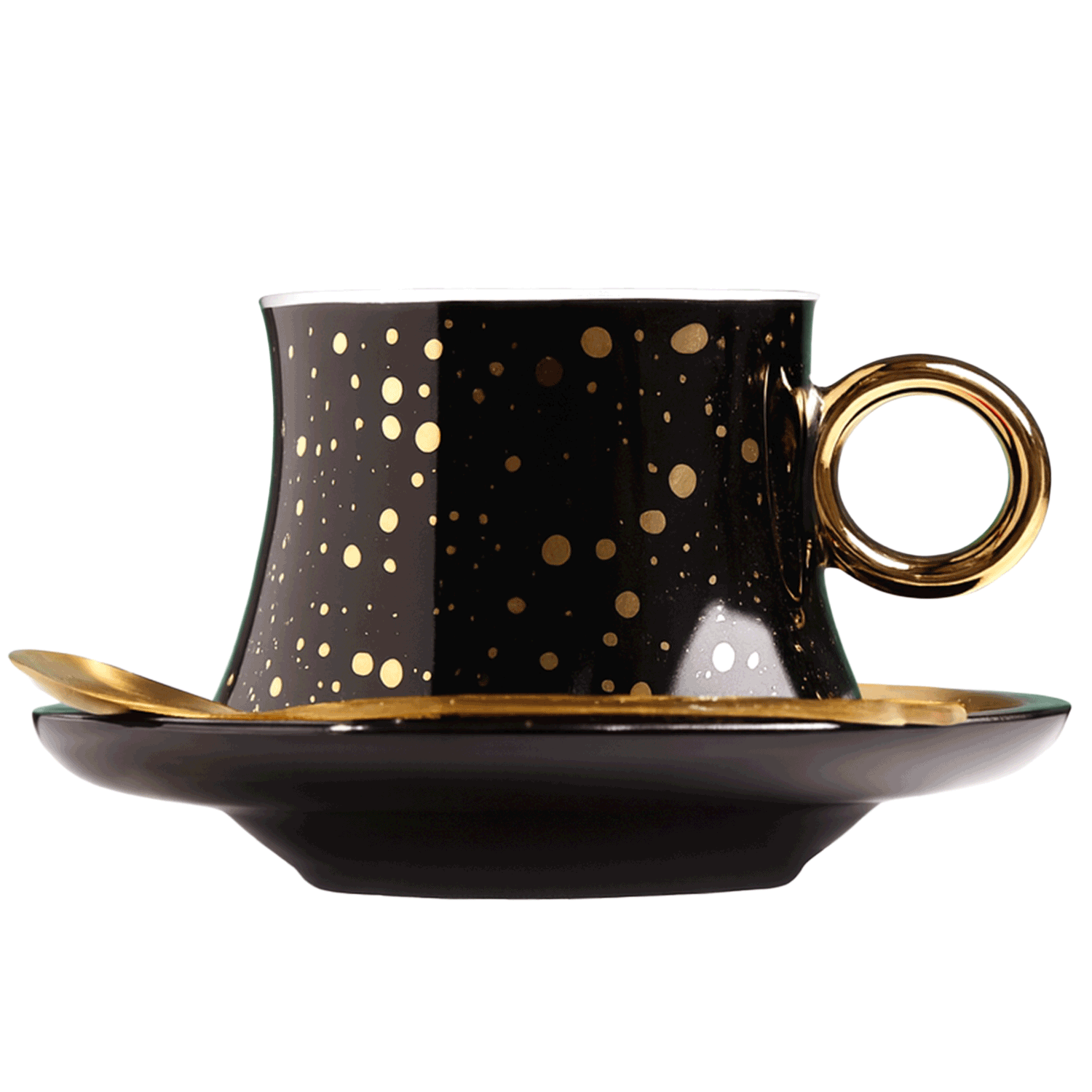 Gold dotted ceramic coffee cup with base and spoon