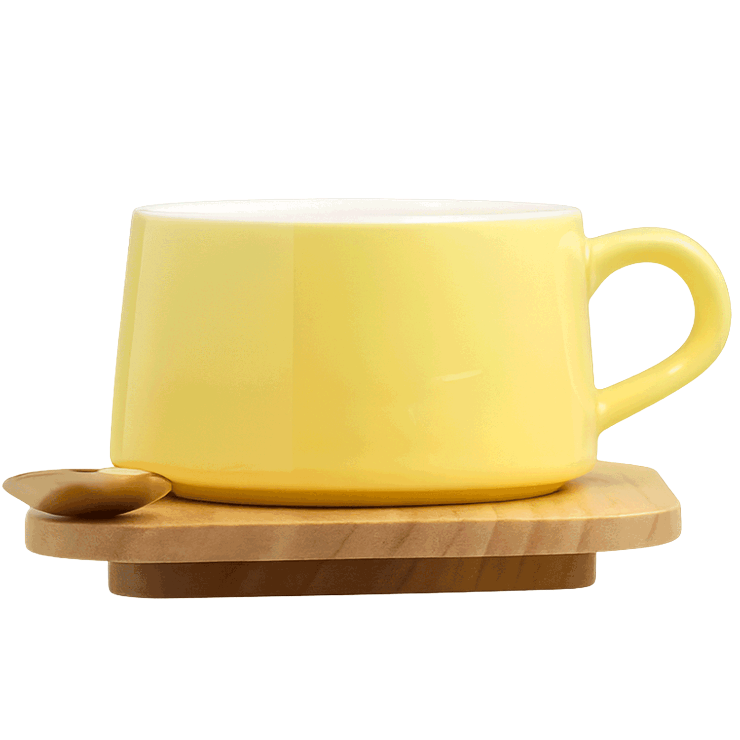 Plain yellow ceramic cup with wooden base and spoon