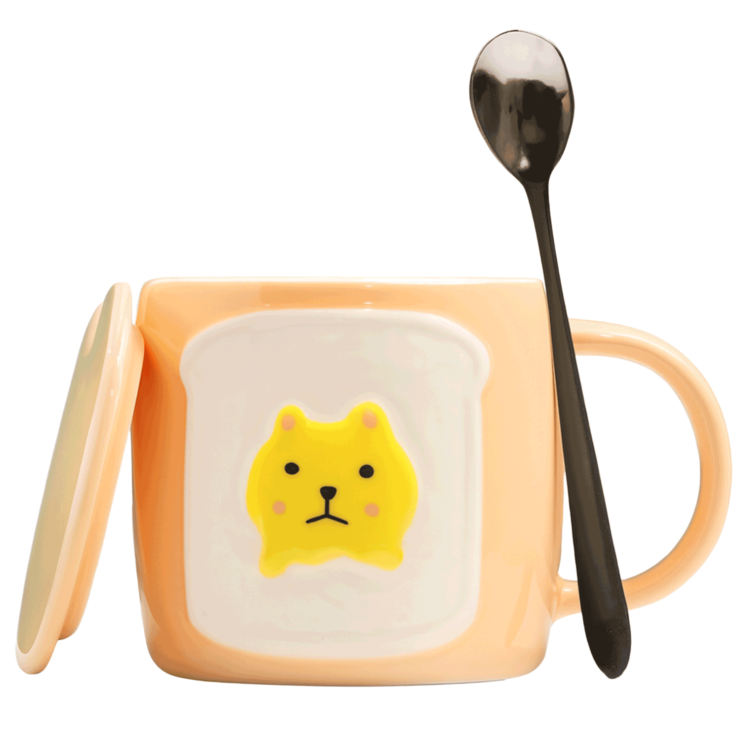Cute Cat Design Ceramic Coffee Mug with Lid and Spoon