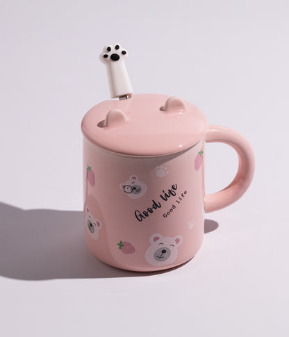 كوب سيراميك بتصميم حيوانات مختلفة مع غطاء وملعقة