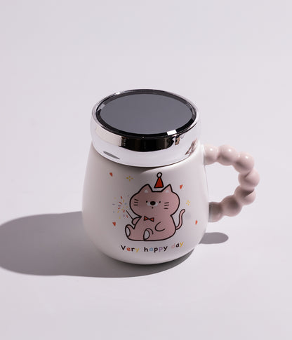 كوب سيراميك بتصميم قطة مرحة مع غطاء وملعقة