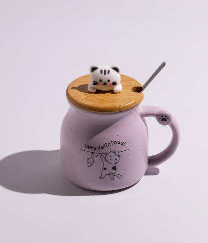كوب سيراميك بتصميم قطط ملونة مع غطاء وملعقة