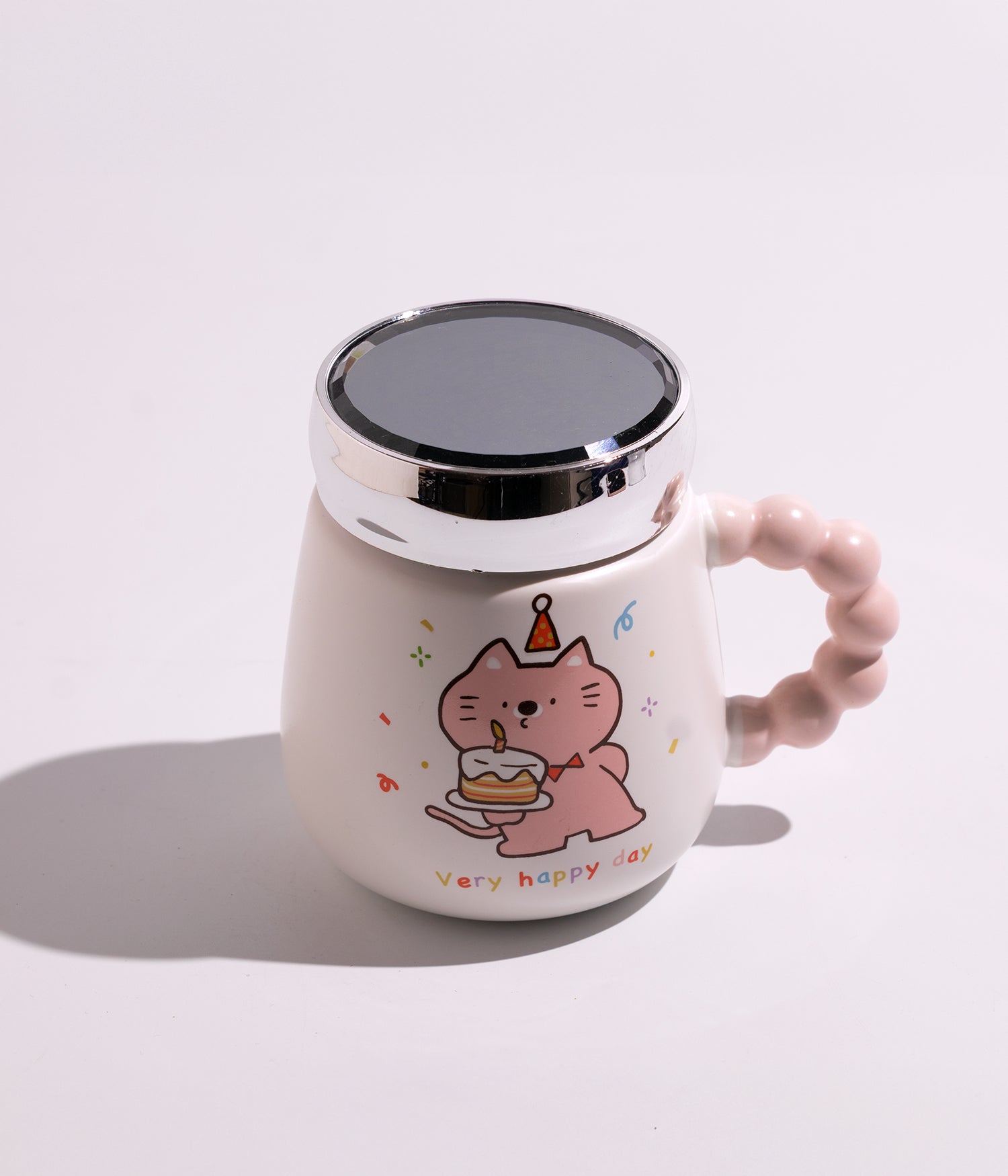 كوب سيراميك بتصميم قطة مرحة مع غطاء وملعقة