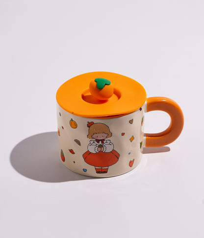 كوب سيراميك بتصميم فتاة البرتقال مع غطاء