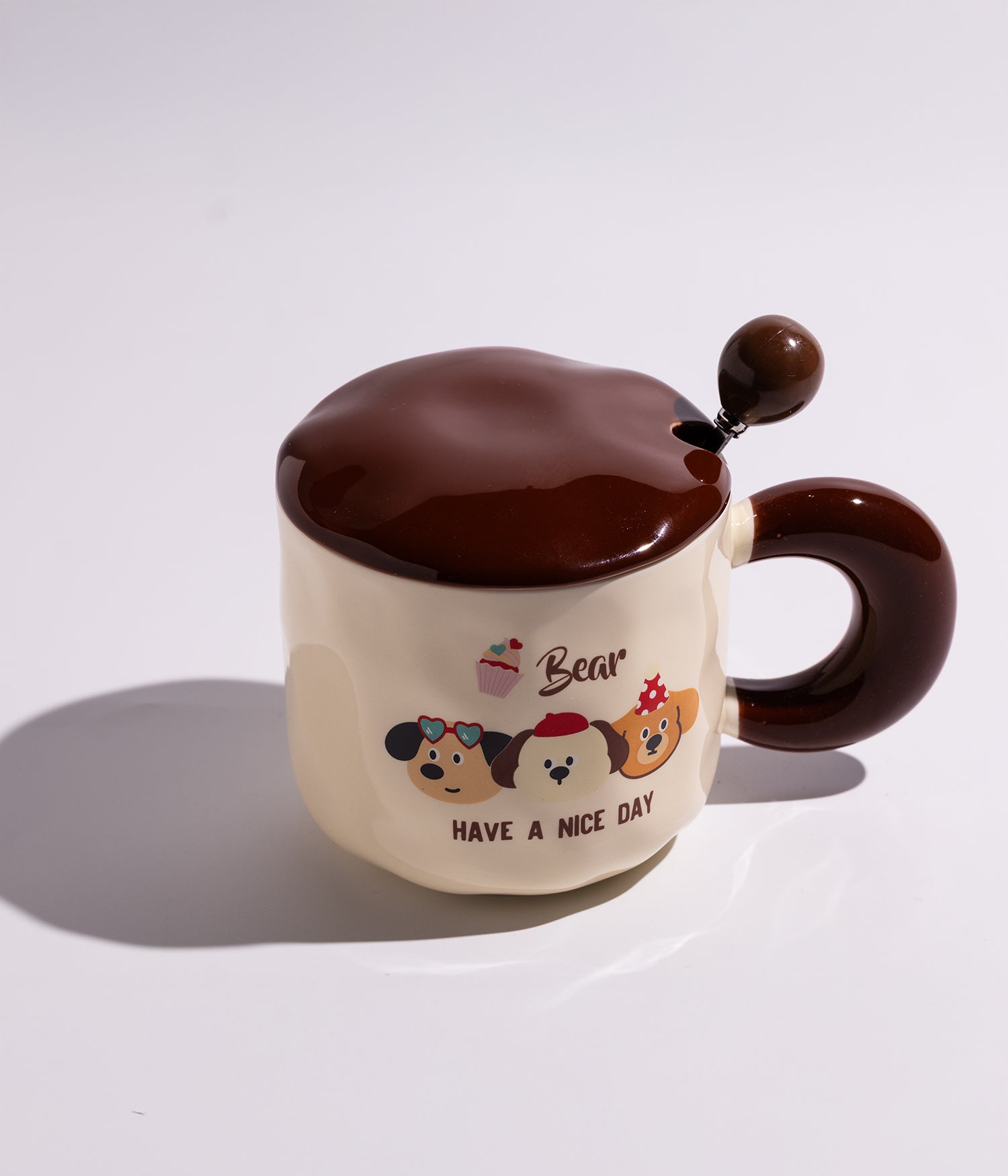 كوب سيراميك بتصميم حيوانات لطيفة مع غطاء وملعقة