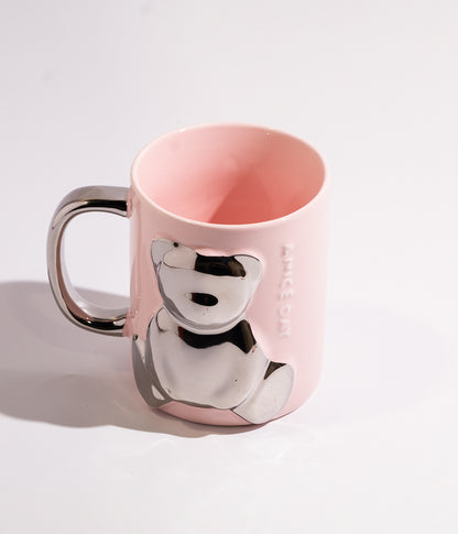 كوب سيراميك بتصميم دب ميتاليك بارز مع غطاء وملعقة