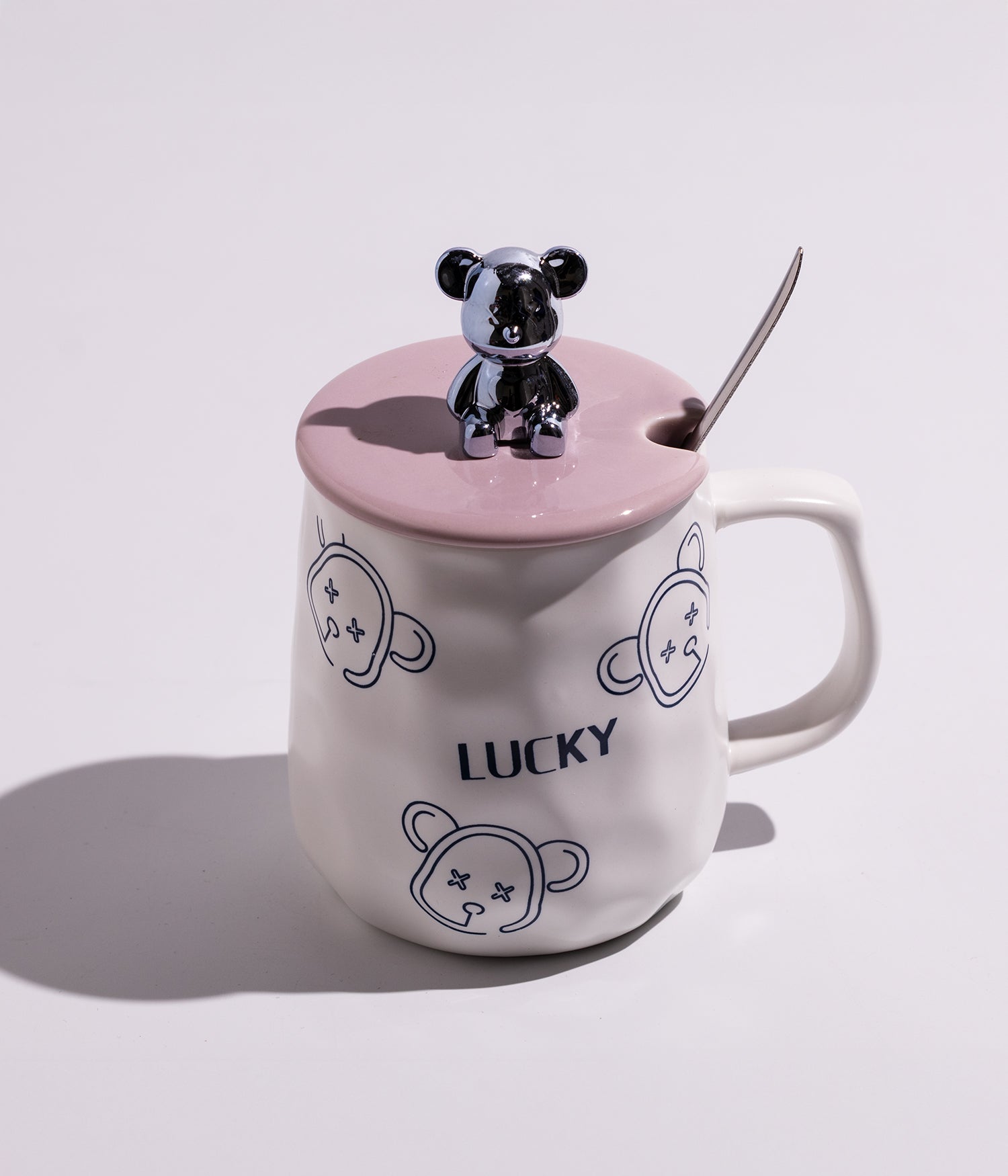 كوب سيراميك بتصميم مجسم دب على الغطاء مع ملعقة
