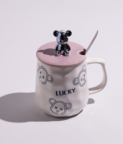 كوب سيراميك بتصميم مجسم دب على الغطاء مع ملعقة