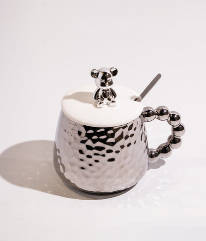 كوب قهوة سيراميك بتصميم مجسم دب على الغطاء مع ملعقة