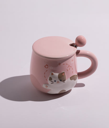 كوب سيراميك برسمة قطة مرحة مع غطاء وملعقة