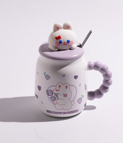 كوب سيراميك بمجسم رأس أرنب على الغطاء مع ملعقة