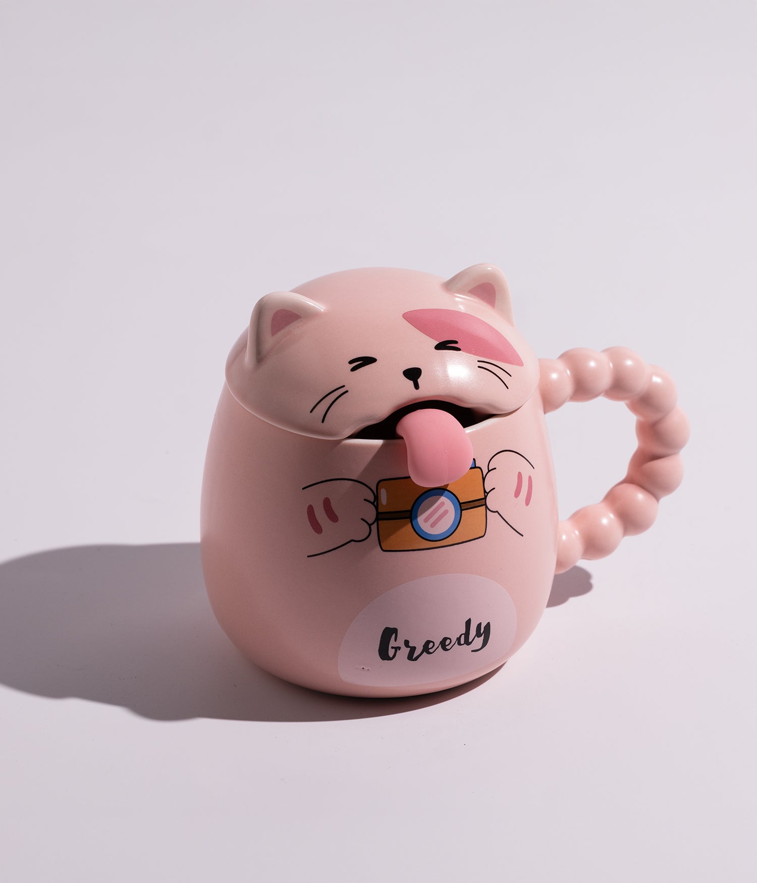 كوب بتصميم قطة مرحة مع غطاء وملعقة على شكل لسان القطة