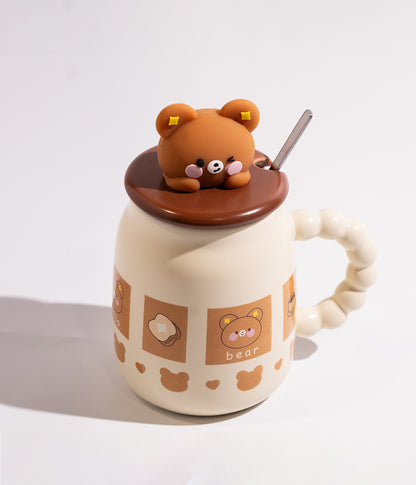 كوب سيراميك بمجسم دب بني على الغطاء مع ملعقة